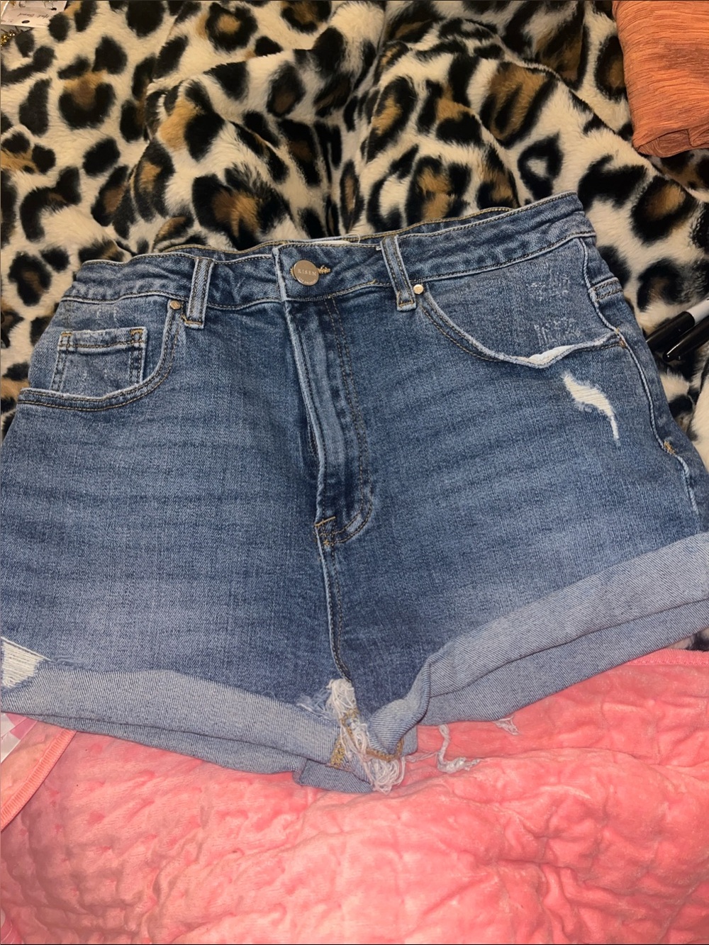 High-Rise Cuffed Distressed Denim Shorts - Medium Blue